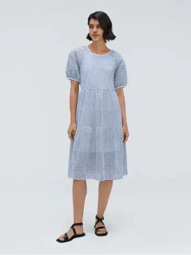 Everlane Blue White Eyelet Tiered Midi Dress Puff Sleeve Size S Small